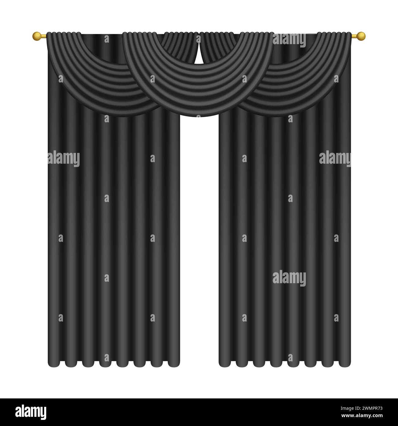 Black curtains, 3D elegant window soft drapes, decoration element vector illustration Stock Vector