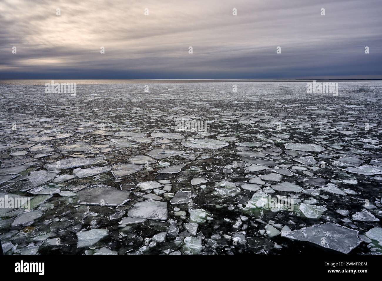 Frozen beach surrounded by ice floes, under cloudy skies Stock Photo