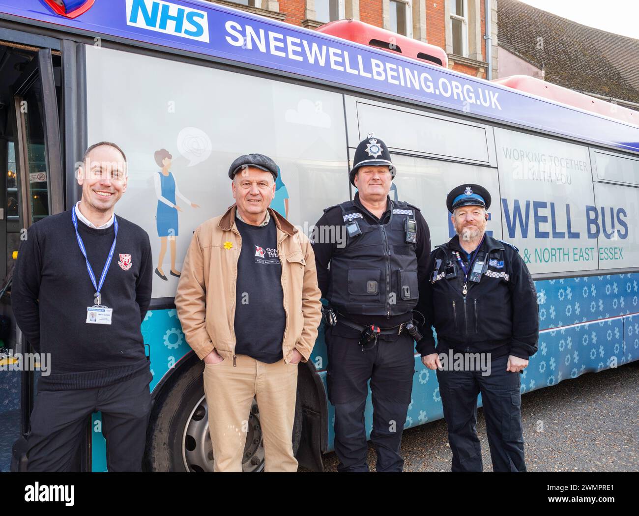 Framlingham, Suffolk, 27th February 2024,The Be Well Bus visited Framlingham in Suffolk today to offer support and advice to those who need help with their health and wellbeing. There is no need to make an appointment, simply turn up and our friendly and knowledgeable crew will help. Councillor Vince Langdon-Morris along with police officers were in attendance. Credit: Keith Larby/Alamy Live News Stock Photo