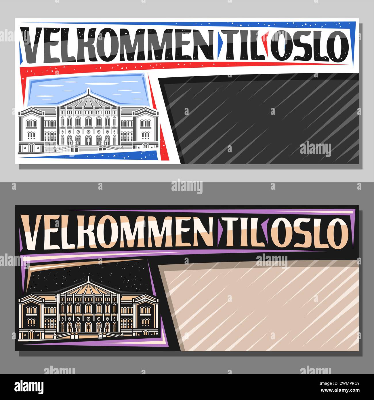 Vector banner for Oslo with copy space, decorative layout with line illustration of norwegian parliament in oslo on day and dusk sky background, art d Stock Vector