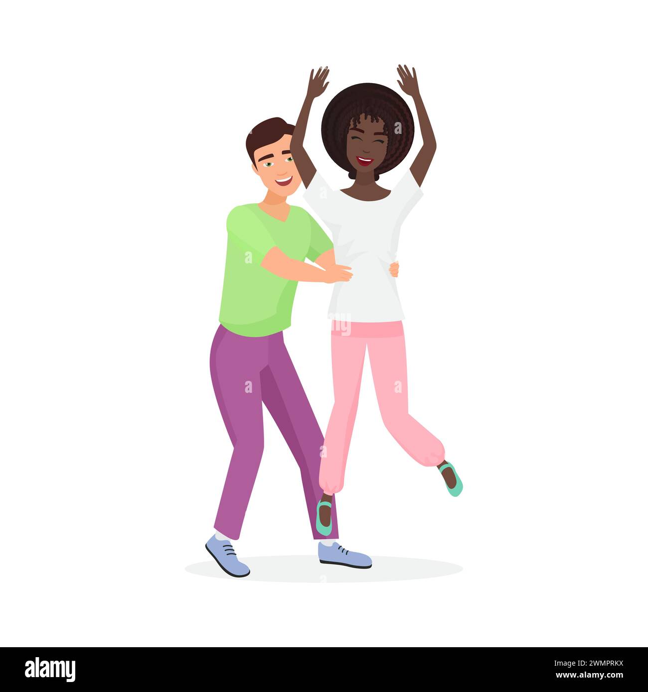 Man holding happy woman by waist while jumping, energetic couple dancing vector illustration Stock Vector