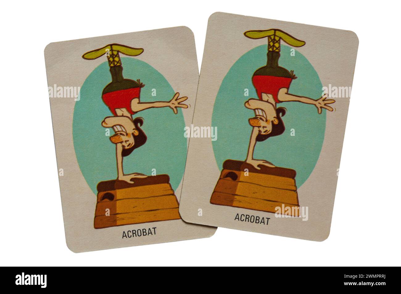 pair of old retro Acrobat cards from pack of Donkey playing cards isolated on white background - UK Stock Photo