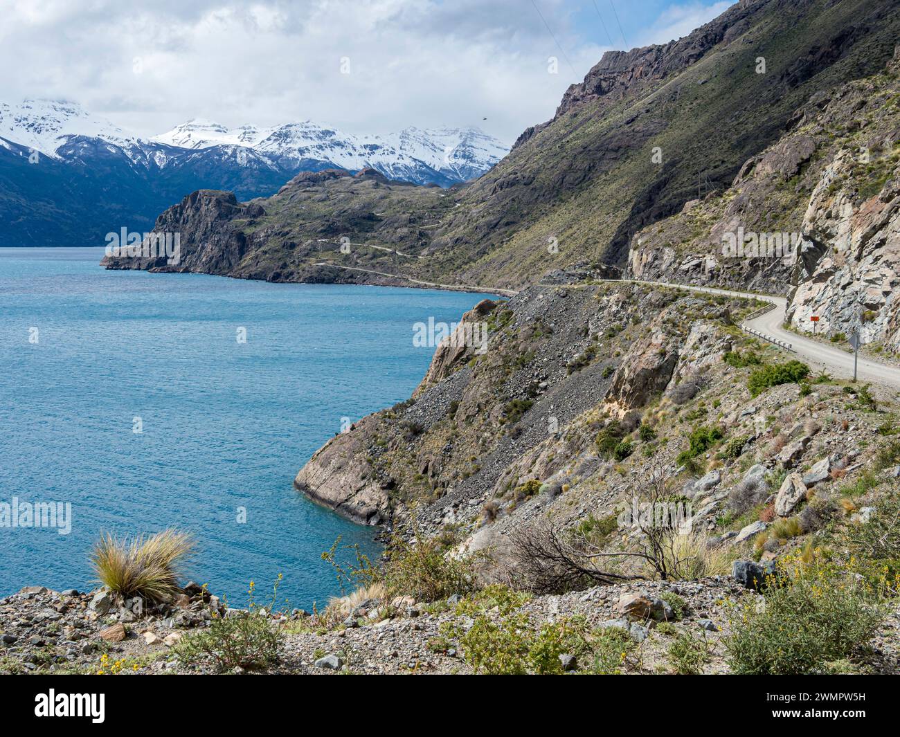 Road 265 along southern shore of lake Lago General Carrera, connecting the Carretera Austral with Chile Chico at the border to Argentina, Patagonia, C Stock Photo