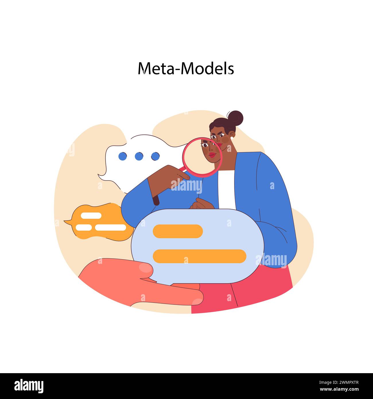 Neuro-linguistic programming meta-models concept. Analyzing language patterns and speech structure. Critical examination of communication. Clarity in thoughts and words. Flat vector illustration Stock Vector