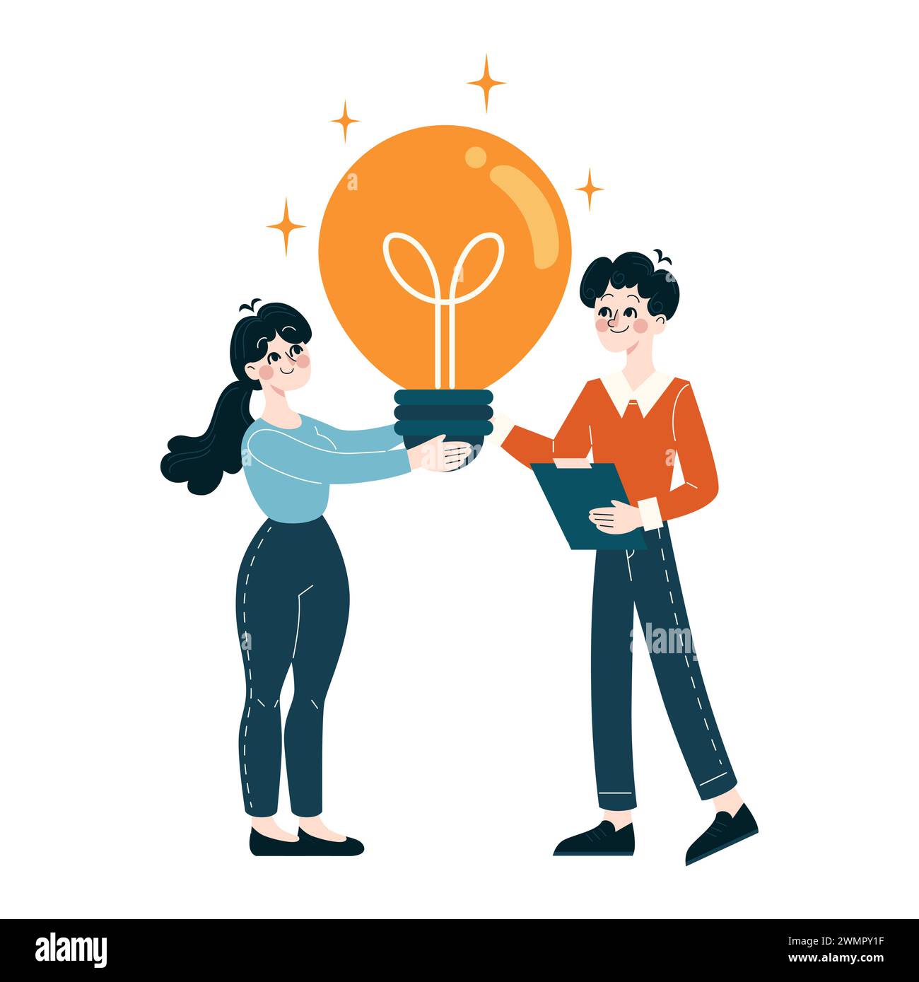 Collaboration idea concept. Two professionals holding a giant light