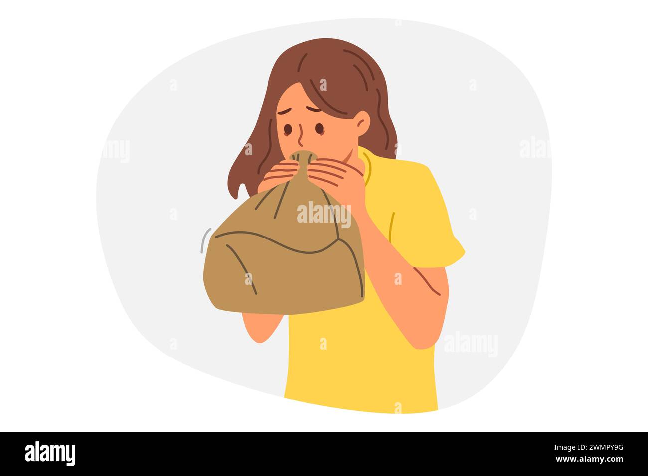 Stock photo of a woman in distress, breathing into a paper bag with her hands trembling, illustrating the vulnerability of a panic attack