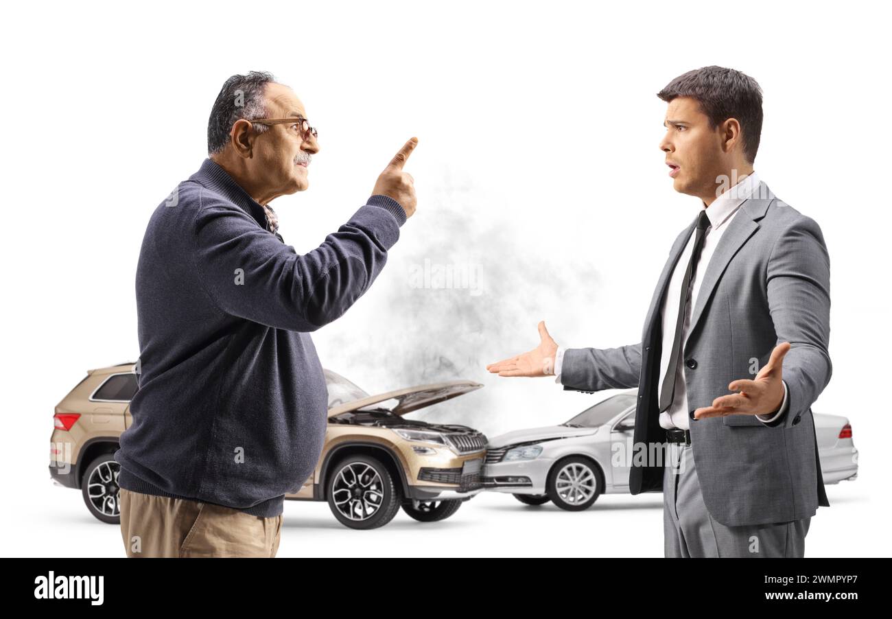 Men arguing about a car accident isolated on white background Stock Photo
