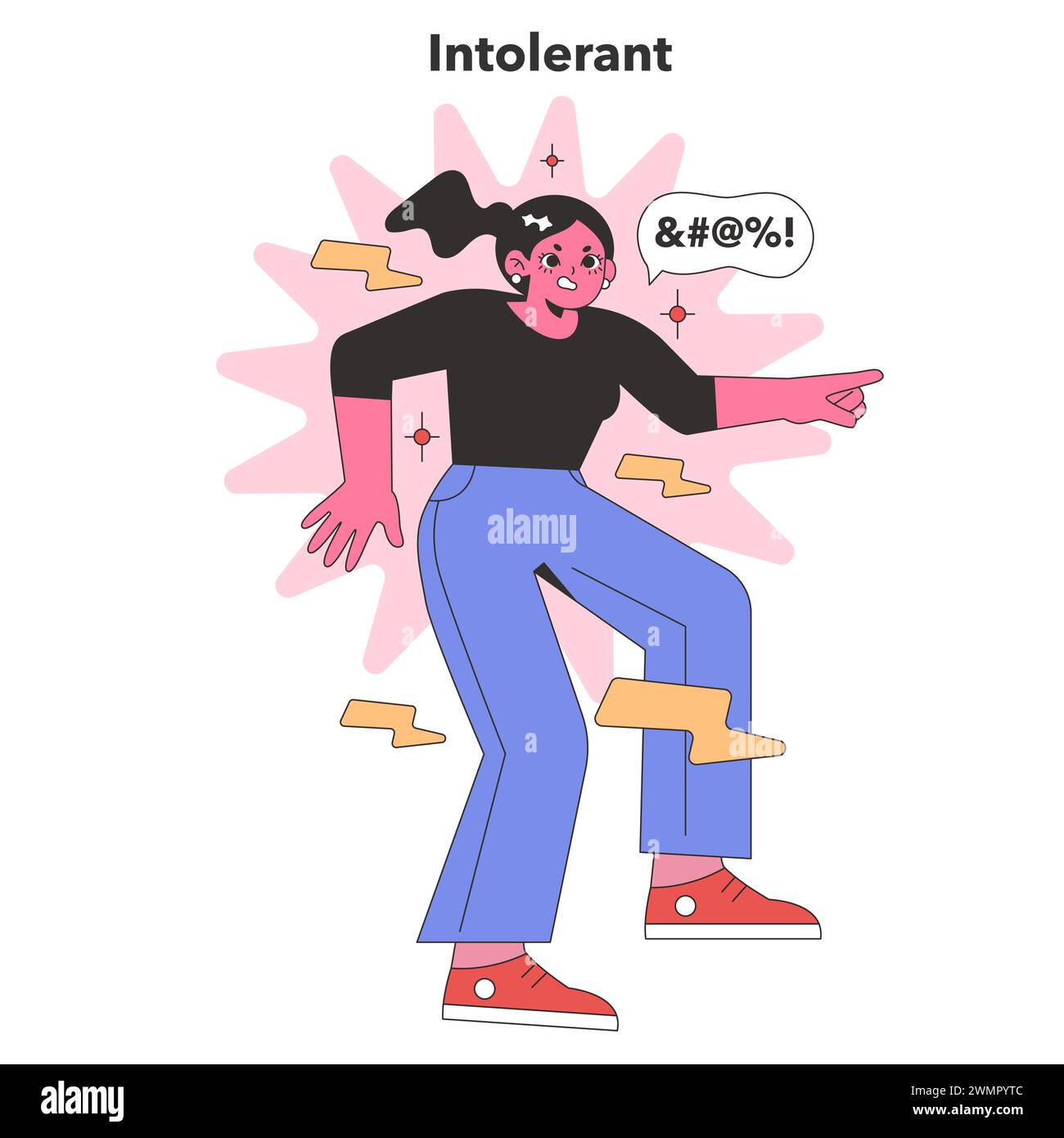 Intolerant Personality trait. A character with a dismissive gesture, embodying rejection and narrow-mindedness. Flat vector illustration. Stock Vector