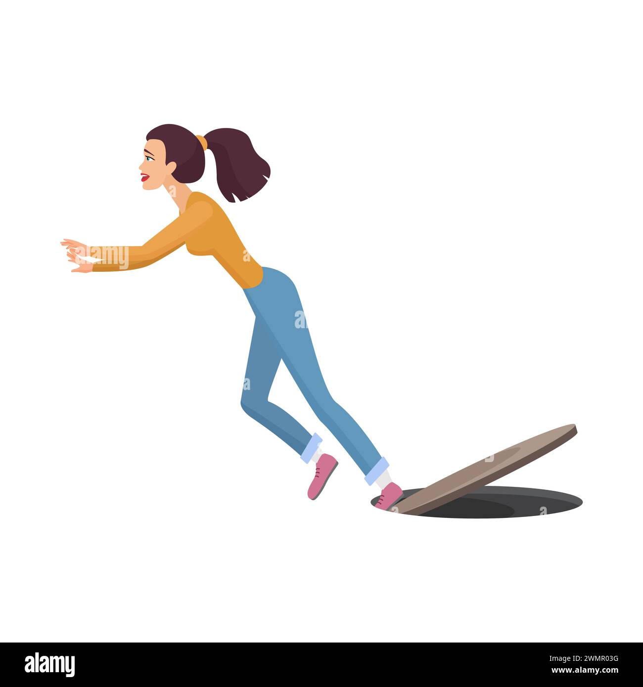 Woman running, girl tripping over sewer manhole cover and falling down vector illustration Stock Vector