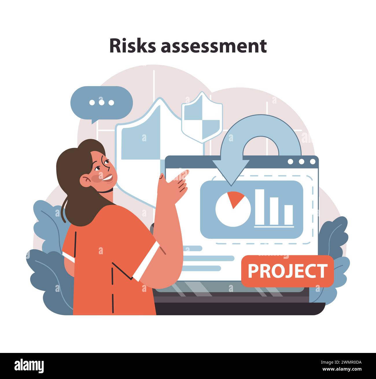 Risk Assessment in Project Management. A manager evaluates potential project hazards, ensuring preparedness and mitigation. Flat vector illustration. Stock Vector