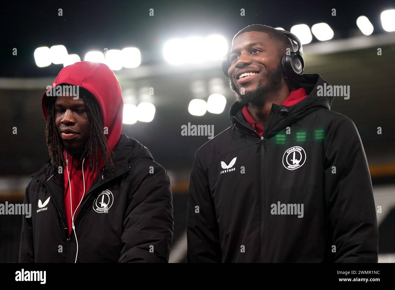 Charlton Athletic's Karoy Anderson (left) and Daniel Kanu inspect the pitch before the Sky Bet League One match at Pride Park, Derby. Picture date: Tuesday February 27, 2024. Stock Photo