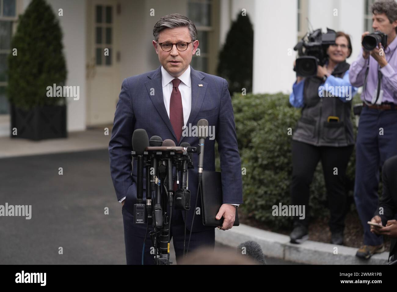 Speaker of the House Mike Johnson of La., speaks with reporters after a ...