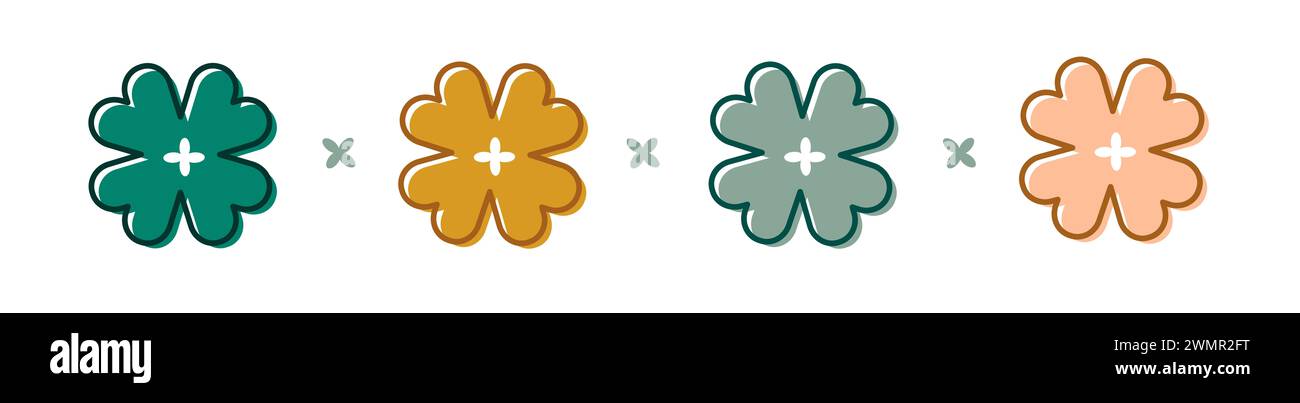 Set of cute cartoon clover with four leaves different color green, peach fuzz, gold  shamrock. Symbol of St. Patrick's Day, Lucky clover Vector illust Stock Photo