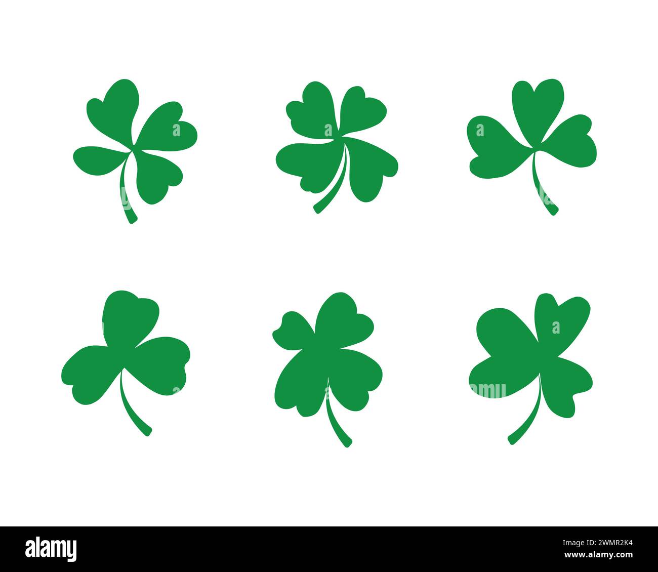 Set of six clover leaves. Flat style. Isolated on white background. St. Patrick s Day, lucky Concept. Stock Photo