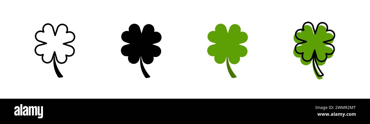 Set of Four leaf clover icon. St Patrick's Day vector illustration on white isolated background. Flower shape. line, glyph, green color. Stock Photo