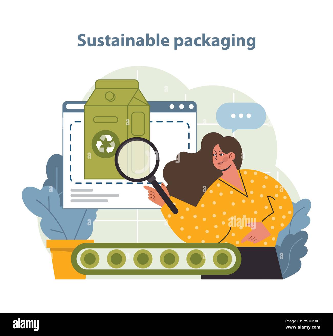 Sustainable Packaging Vector Illustration. An individual examines eco-friendly packaging options, symbolizing the scrutiny and choice in sustainable consumerism. Stock Vector