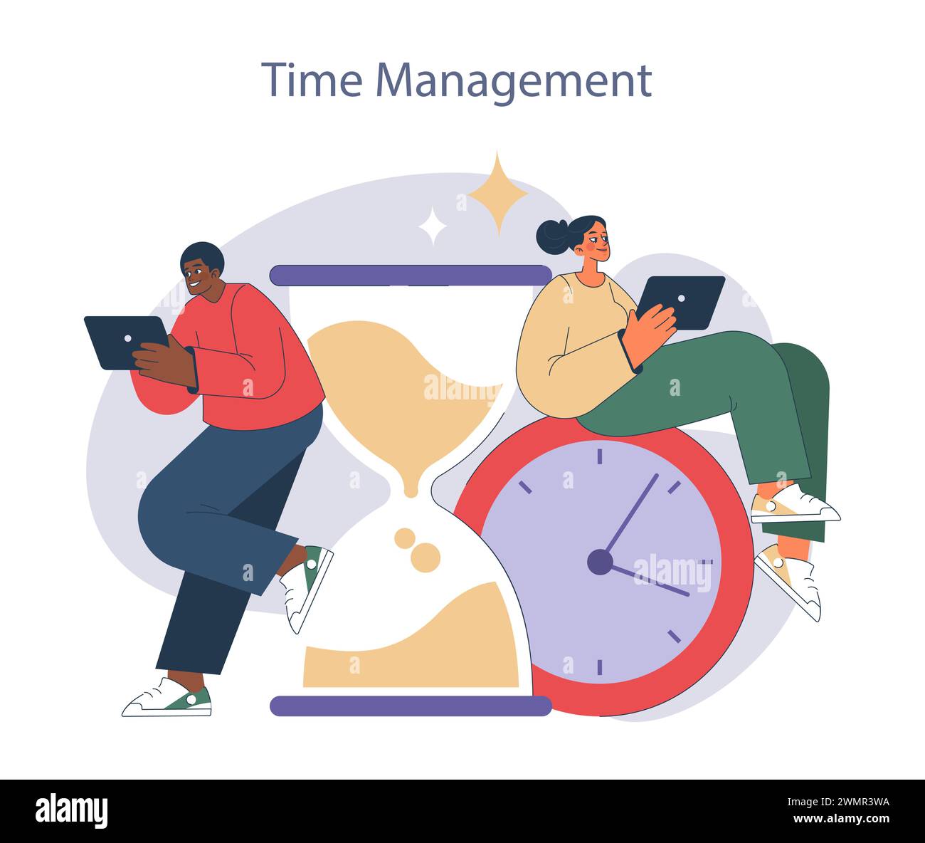 Time Management. Professionals optimizing productivity with digital tools, symbolic of efficient time management. Stock Vector