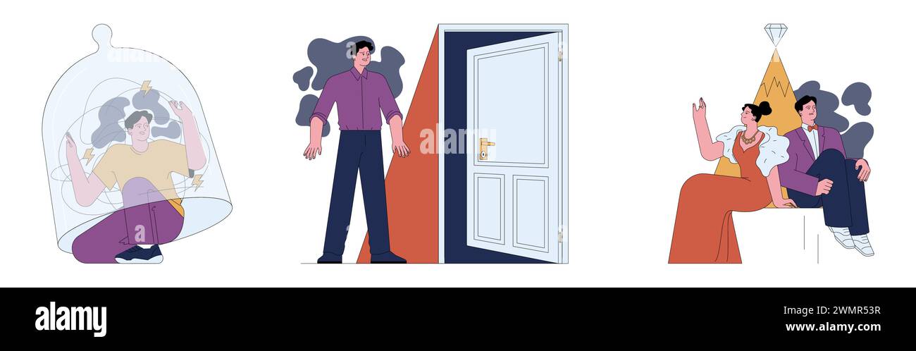 Human fears set. Scared characters confronting personal phobias. Frightened anxious person suffering from panic disorder. Psychological problem. Flat vector illustration Stock Vector