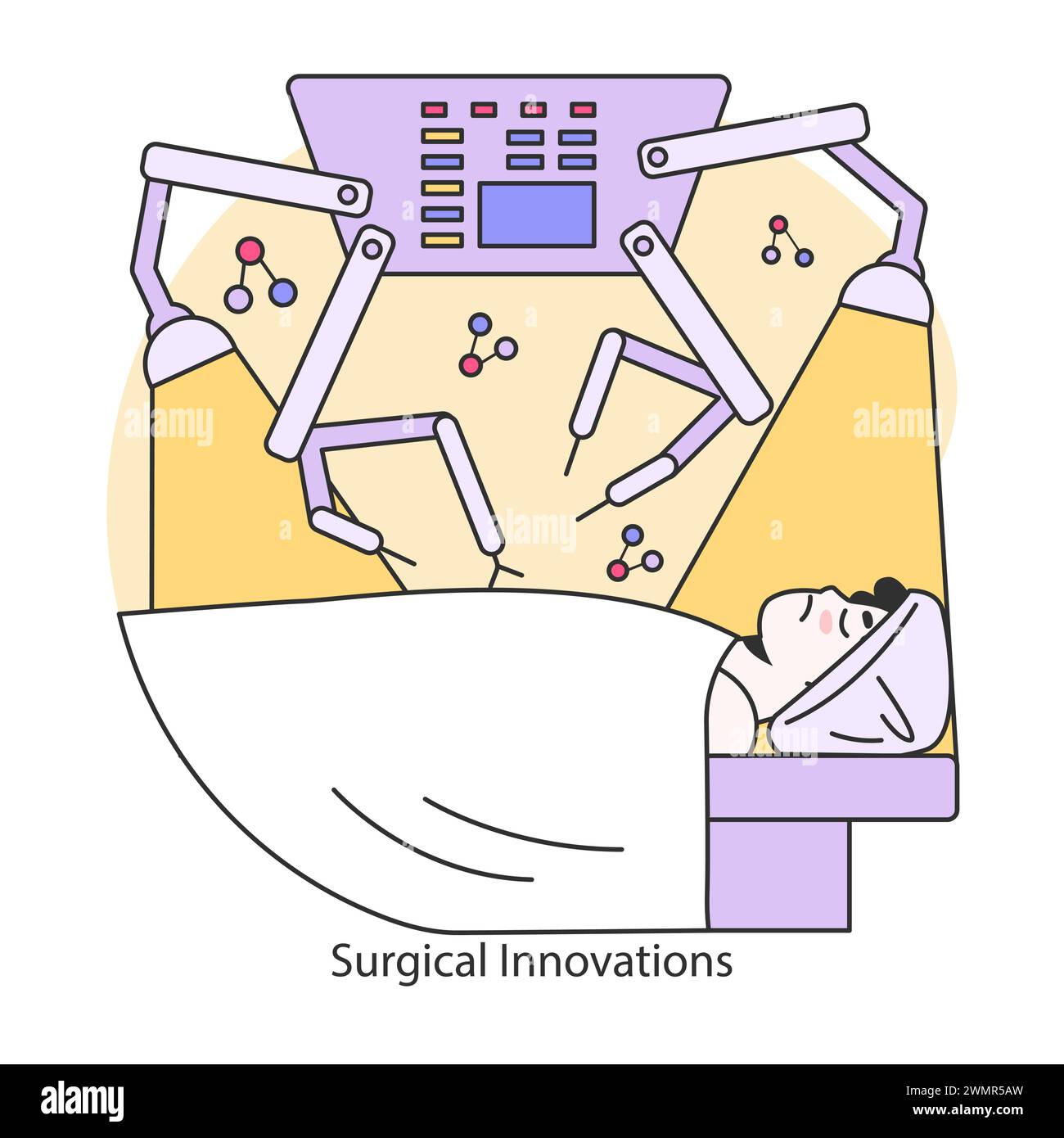 Surgical Innovations concept. Advancing operation precision with robotic technology. Revolutionizing patient care in surgery. Flat vector illustration. Stock Vector