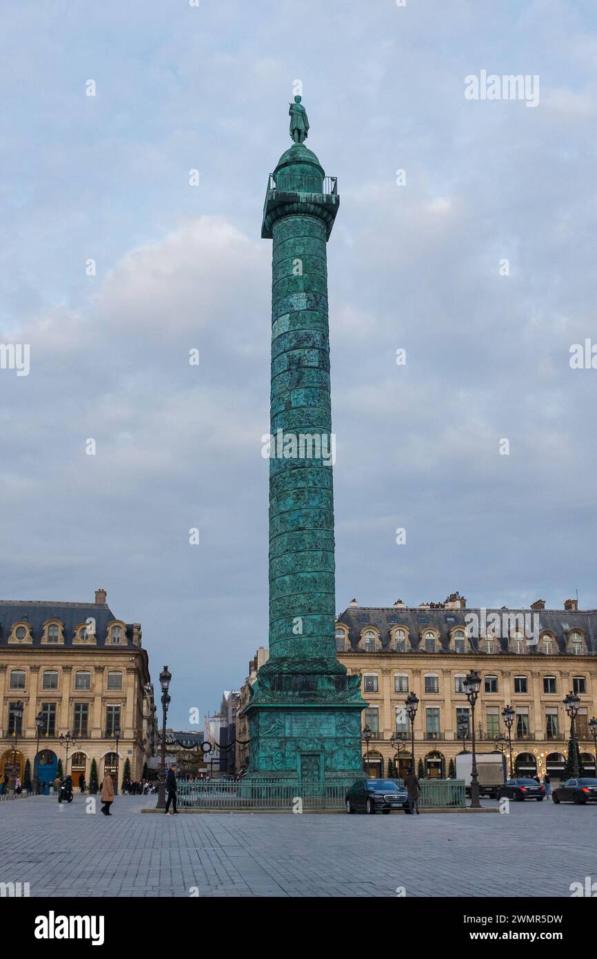 Paris, France, 2023. The Vendôme Column modelled after Trajan's Column, commissioned by Napoleon to celebrate the victory of Austerlitz (vertical) Stock Photo