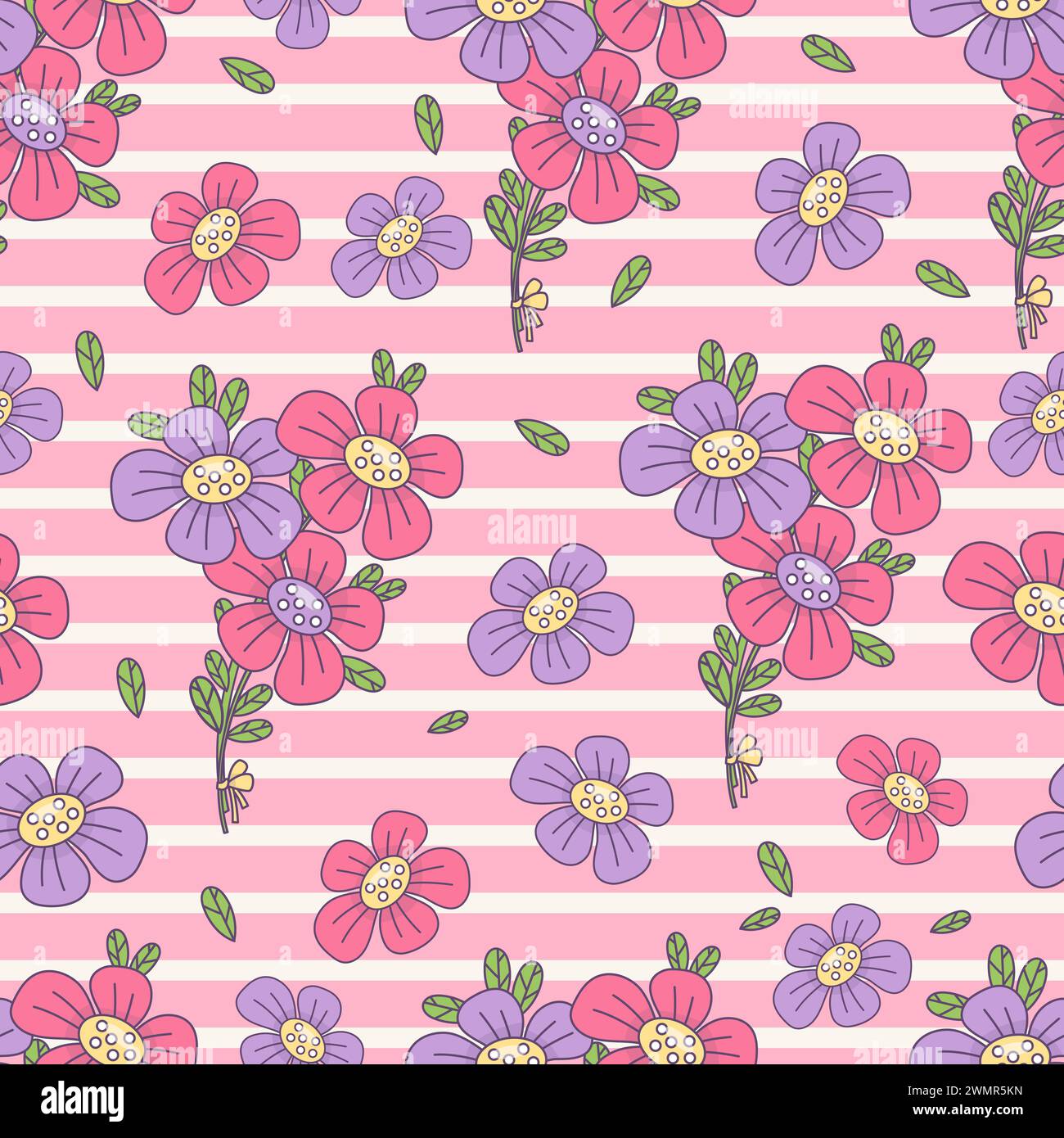 Seamless pattern with bouquet of flowers on striped pink background ...