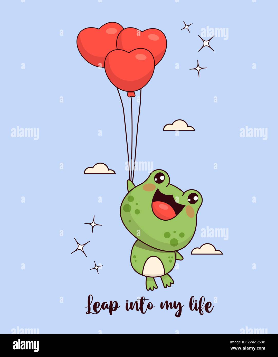 Cute in love frog with hearts balloons. Funny romantic animal kawaii character. Vector illustration. Cool card with funny slogan Stock Vector