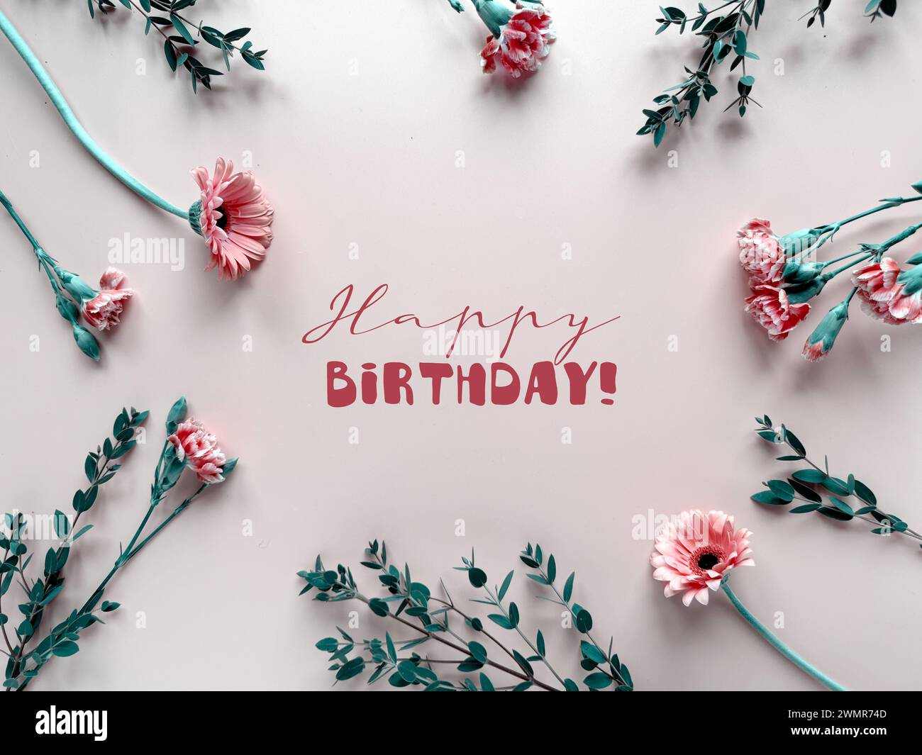 Birthday Card With Pink Flowers and Green Leaves Stock Photo - Alamy
