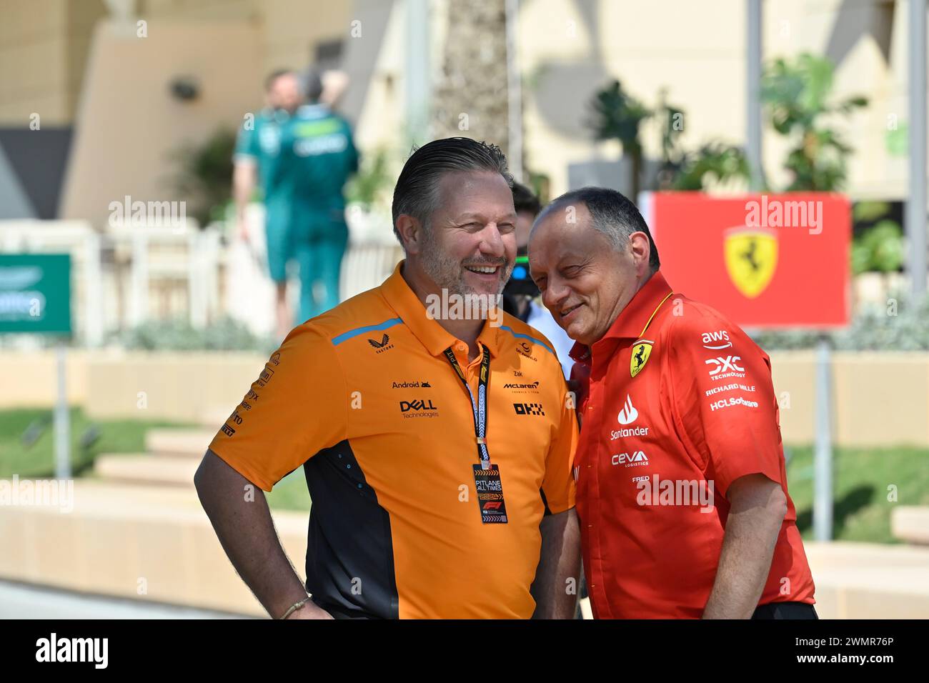 Sakhir, Bahrain. 22nd Feb, 2024. BAHRAIN, Sakhir, February 22: Zak BROWN, executive director of McLaren Technology Group, USA, McLaren Chief Executive Officer and Frédéric Vasseur (FRA), Team Principal Scuderia Ferrari F1 during day two of F1 Testing at Bahrain International Circuit on February 22, 2024 in Bahrain, Formula 1 pre season tests, picture & copyright Jerry ANDRE/ATP images (ANDRE Jerry/ATP/SPP) Credit: SPP Sport Press Photo. /Alamy Live News Stock Photo