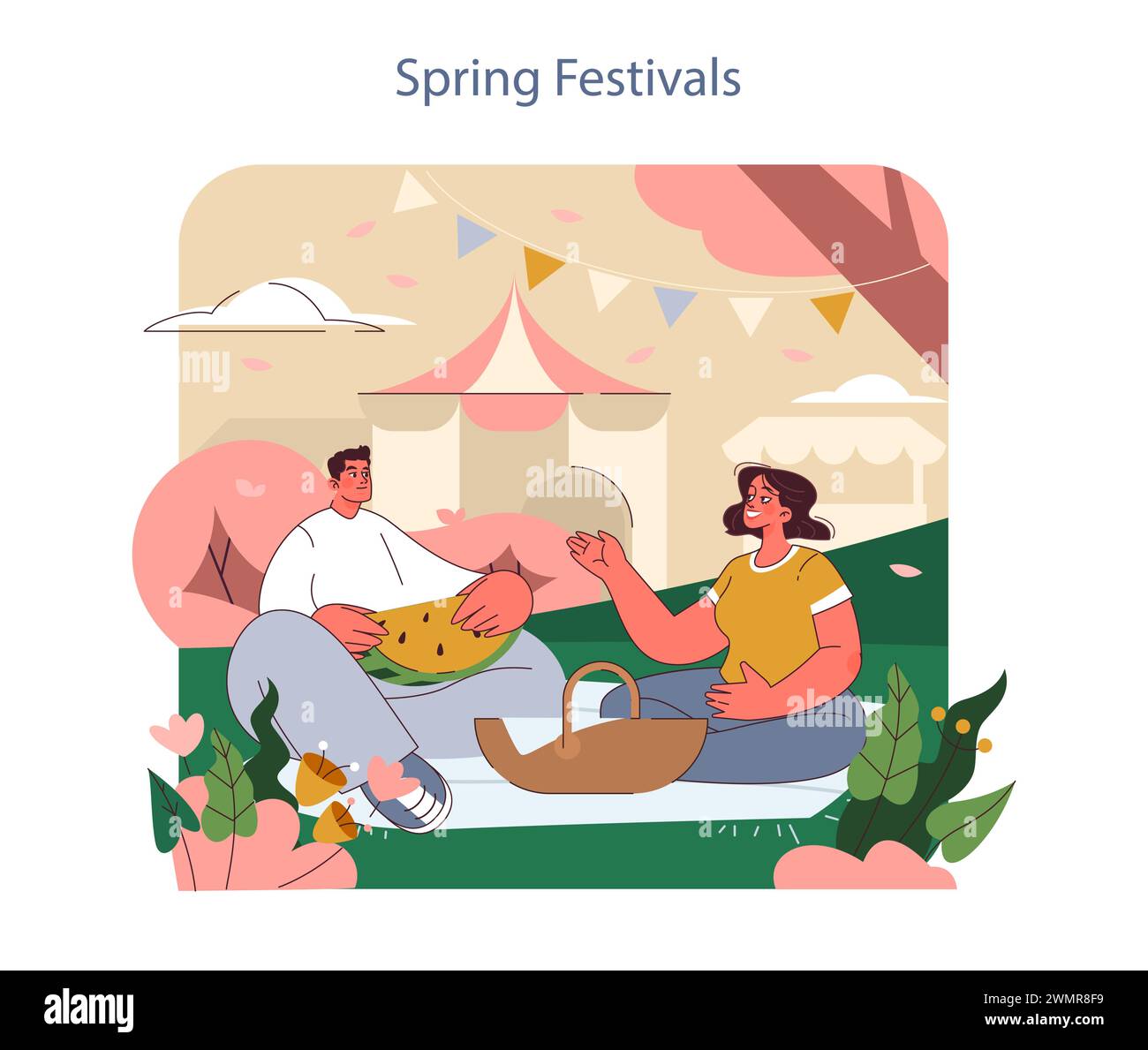 Spring Festivals concept. A couple enjoys a picnic, engaging in lively conversation under the festive tented pavilions. Stock Vector