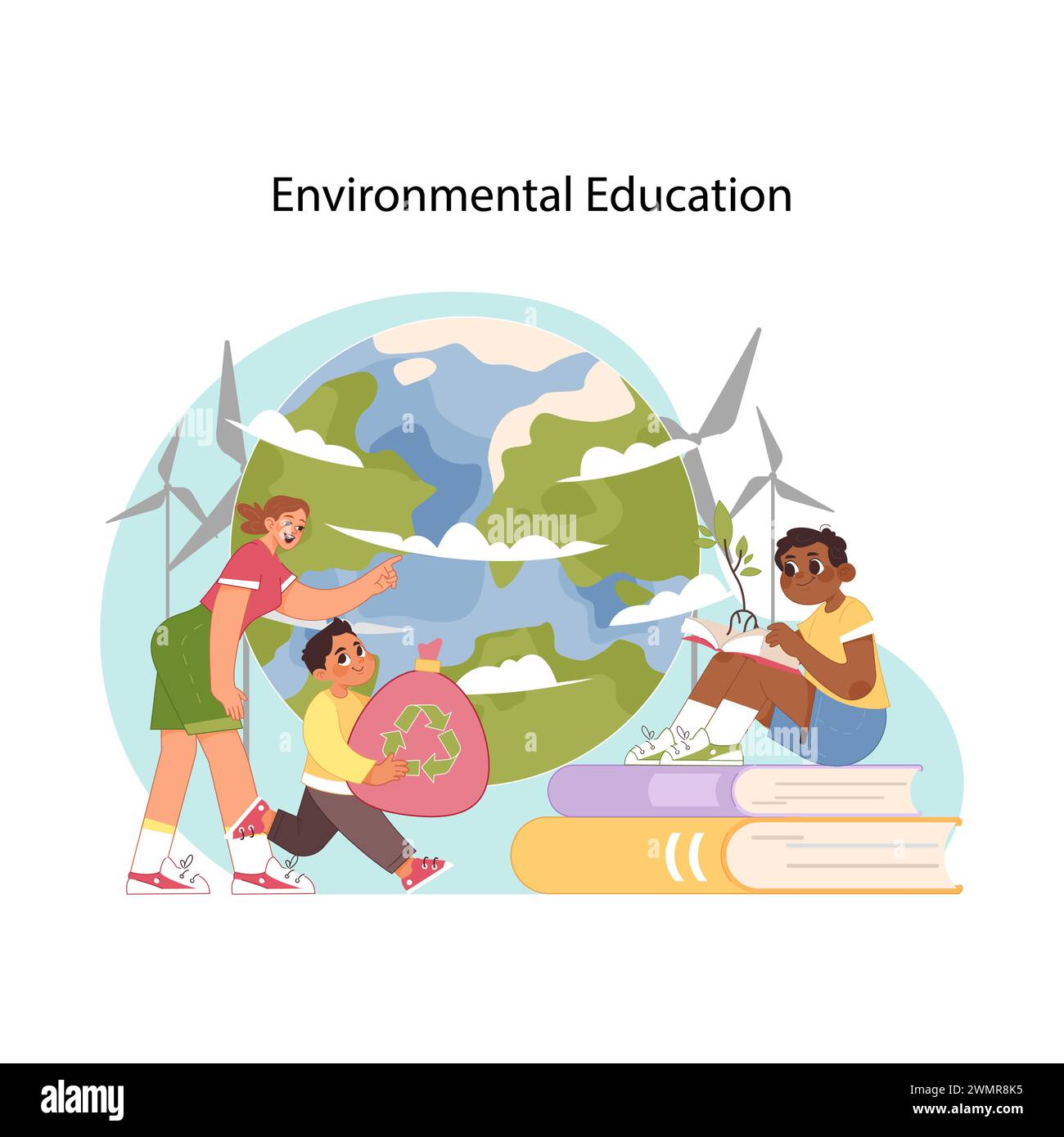 Sustainability education. Young students learning about environmental conservation, ecological problems, planting trees. Importance of sustainable future and saving earth. Flat vector illustration Stock Vector