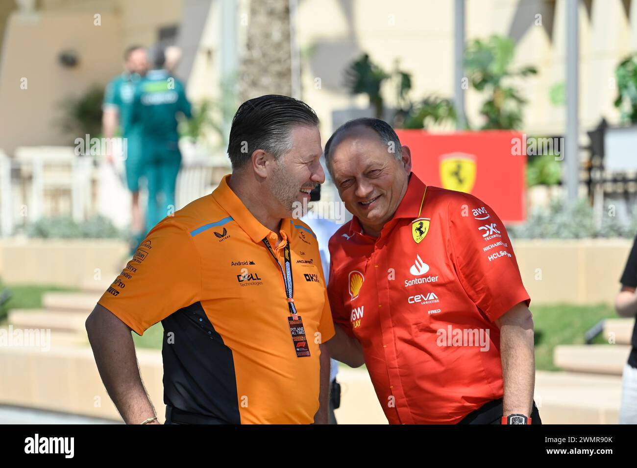 Sakhir, Bahrain. 22nd Feb, 2024. BAHRAIN, Sakhir, February 22: Zak BROWN, executive director of McLaren Technology Group, USA, McLaren Chief Executive Officer and Frédéric Vasseur (FRA), Team Principal Scuderia Ferrari F1 during day two of F1 Testing at Bahrain International Circuit on February 22, 2024 in Bahrain, Formula 1 pre season tests, picture & copyright Jerry ANDRE/ATP images (ANDRE Jerry/ATP/SPP) Credit: SPP Sport Press Photo. /Alamy Live News Stock Photo