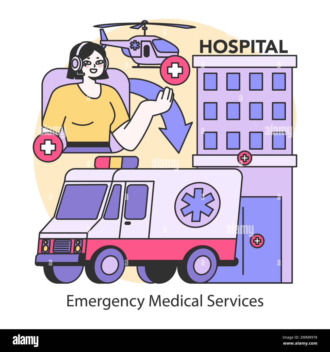 Emergency Medical Services concept. A swift response with ambulance and airlift options, ensuring rapid hospital admission and care. Flat vector illustration. Stock Vector