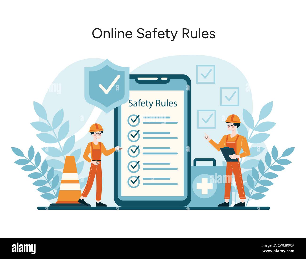 Online Safety Rules vector. Illustration of workers reviewing digital safety protocols, integrating technology with OSHA compliance. Emphasizing cyber well-being. Flat vector illustration Stock Vector