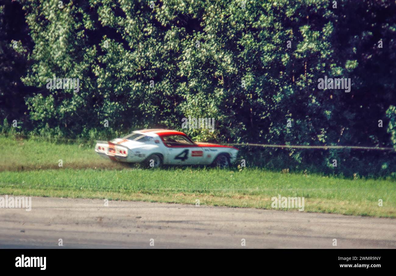 Jerry Thompson in a Owens-Corning Fiberglass Chevolt Camaro headed for the woods at the end of the straight in practice at the 1970 Trans Am race at the Mid Ohio Sports Car Courtse  in Lexington Ohio USA Stock Photo
