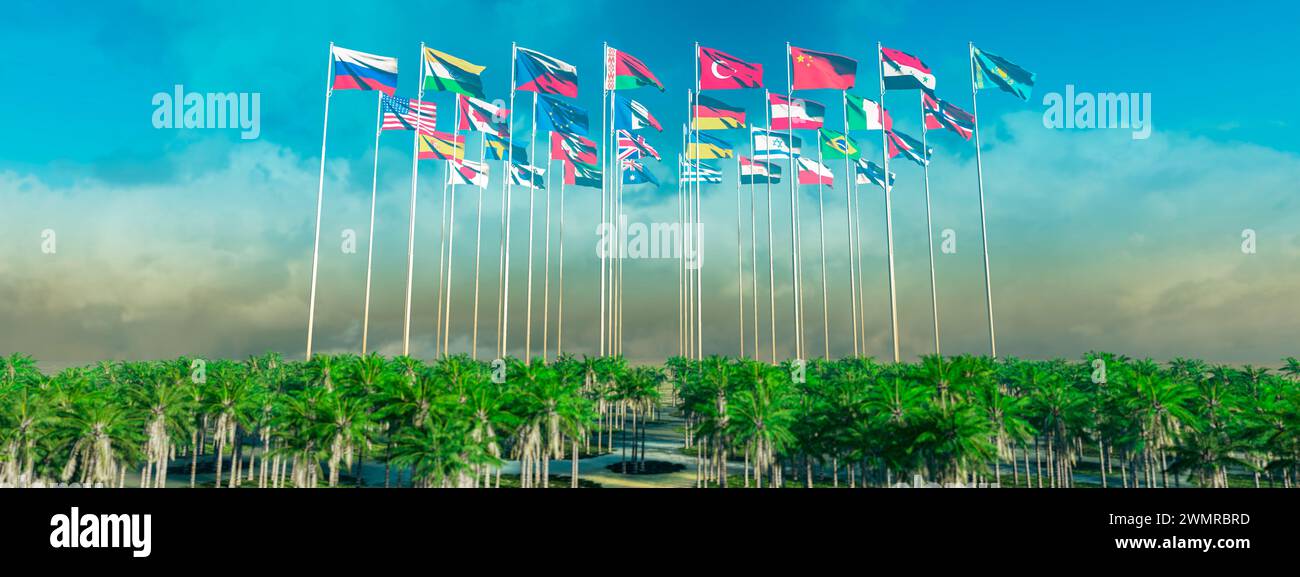 Array of World Flags Majestically Waving Above Lush Palm Forest Stock Photo