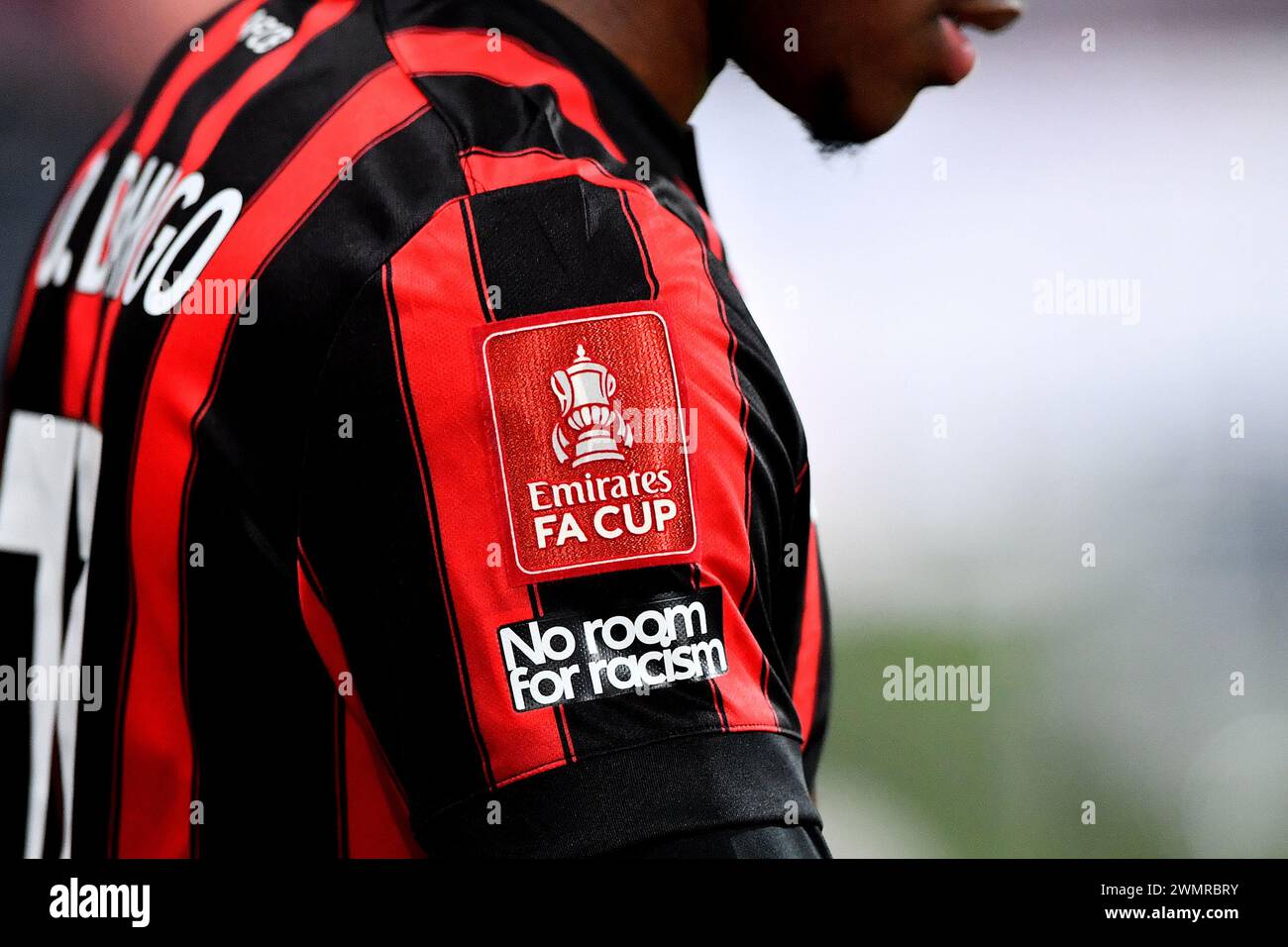 Bournemouth, UK. 27th Feb, 2024. The Emirates FA Cup logo is seen on an AFC Bournemouth shirt during the AFC Bournemouth v Leicester City FC Emirates FA Cup 5th Round match at the Vitality Stadium, Bournemouth, England, United Kingdom on 27 February 2024 Credit: Every Second Media/Alamy Live News Credit: Every Second Media/Alamy Live News Stock Photo