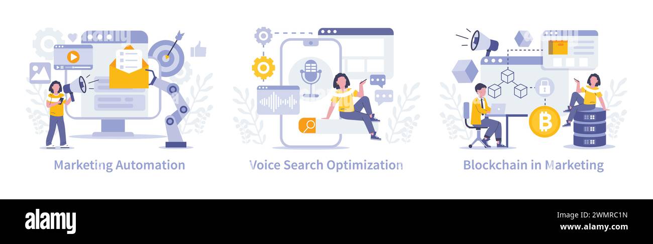 Marketing innovation set. Automation efficiency, voice search relevance ...