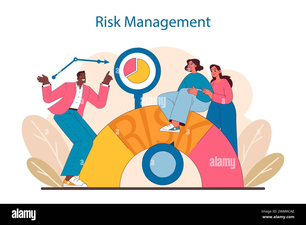 Risk Management in IT project management. Portrays proactive identification and mitigation of potential issues, with a focus on strategic analysis and risk assessment. Flat vector illustration. Stock Vector