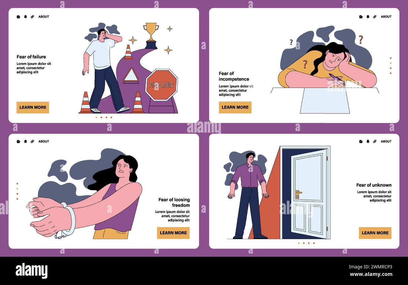 Human fears web or landing set. Scared characters confronting personal phobias. Frightened anxious person suffering from panic disorder. Psychological problem. Flat vector illustration Stock Vector