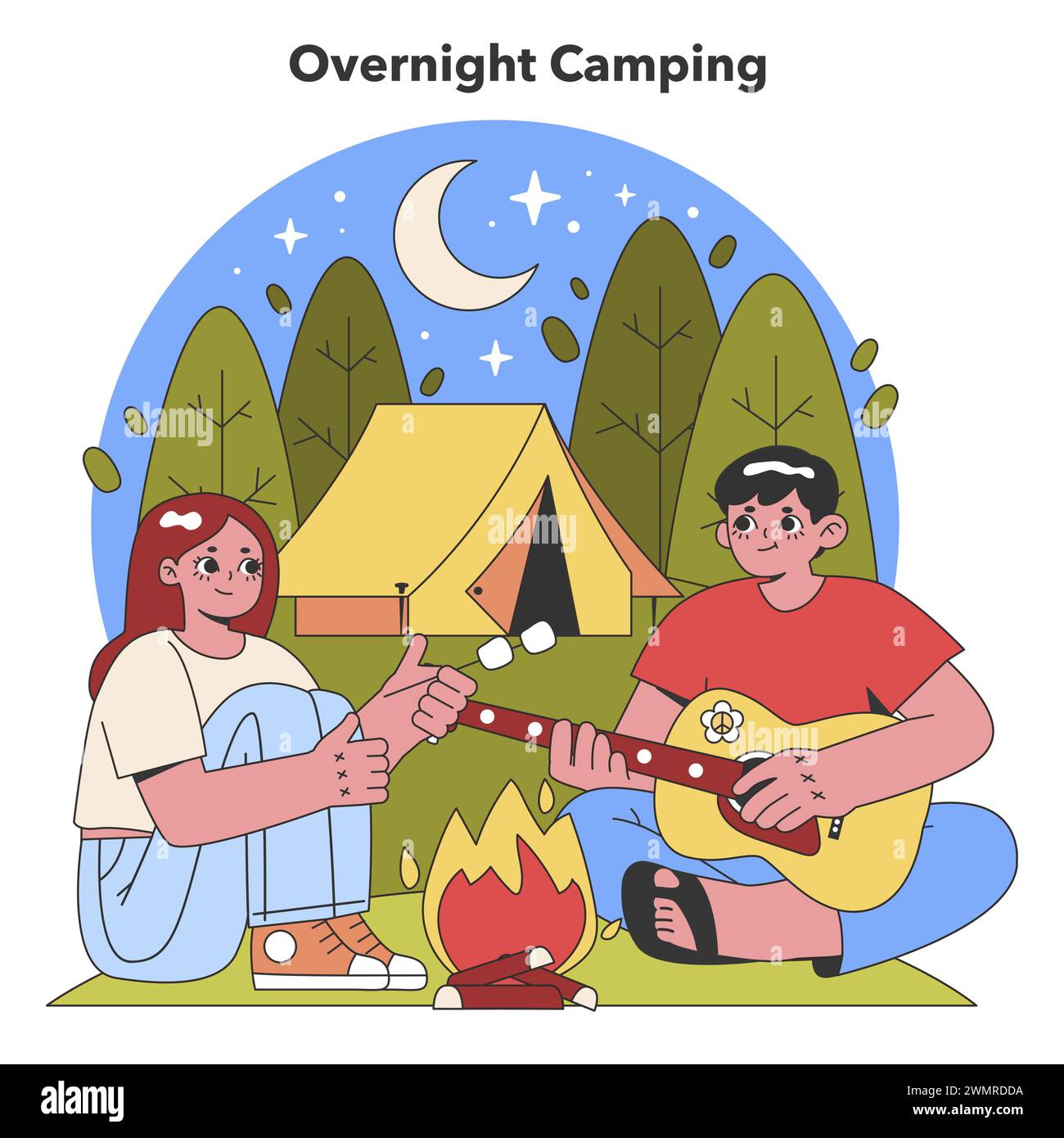 Moonlit Camping Experience. Campers sharing stories by the fire, under a starry sky, near a cozy tent. Nighttime bonding in the wilderness. Flat vector illustration Stock Vector