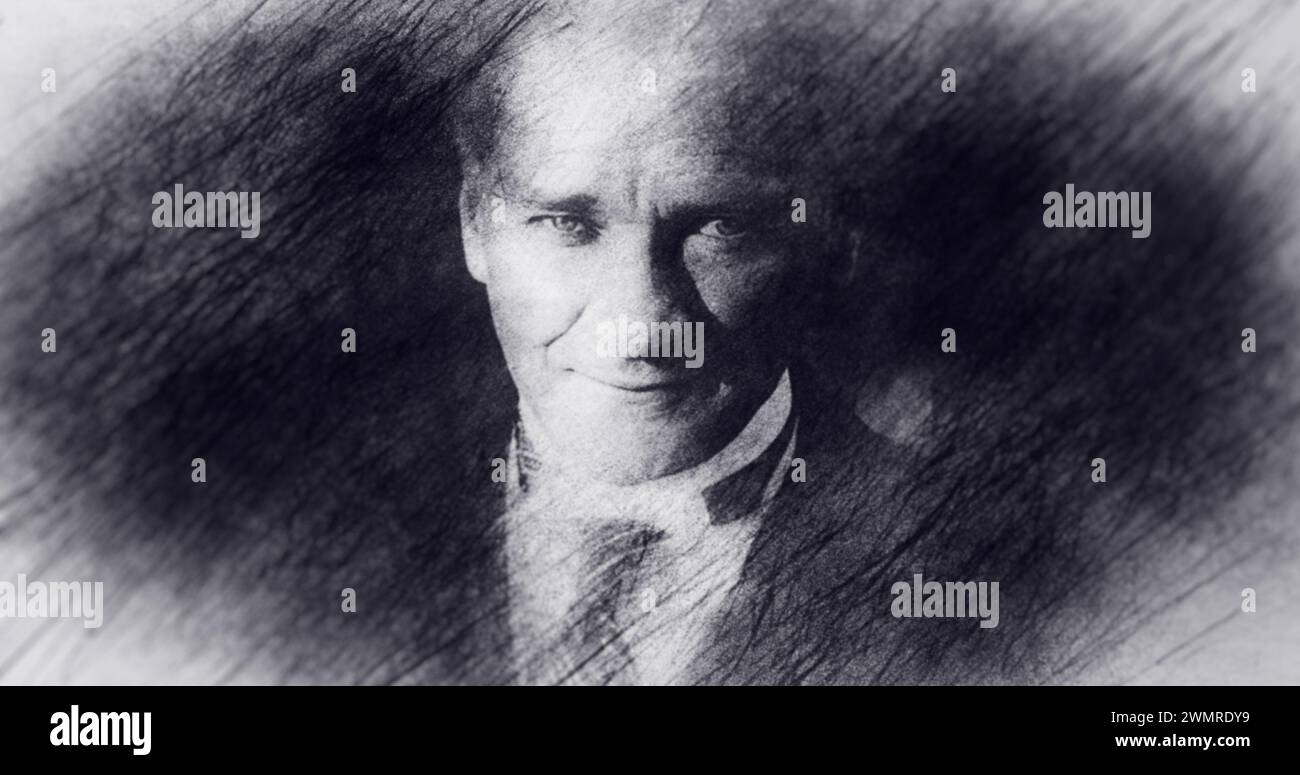 Portrait Drawing. Mustafa Kemal Ataturk, Founder of the Republic of Turkey. Stock Photo
