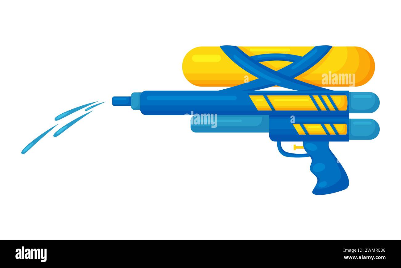 Water gun shoot splash. Summer water weapon, pistol toy cartoon vector illustration Stock Vector