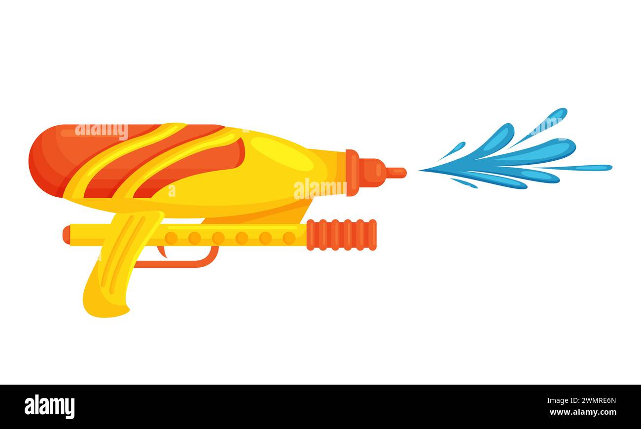 Water pistol shoot splash. Summer game with water gun, kids outdoor activity cartoon vector illustration Stock Vector