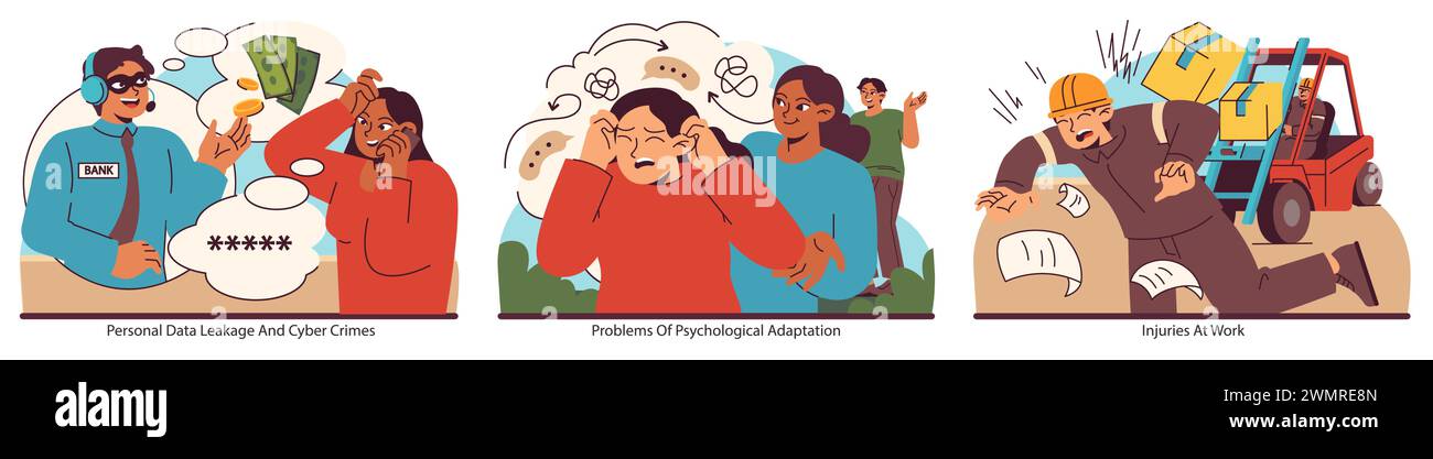 Modern struggles set. Illustrations portray cyber threats, psychological stress, and occupational hazards. A vivid portrayal of todays societal issues. Flat vector illustration. Stock Vector