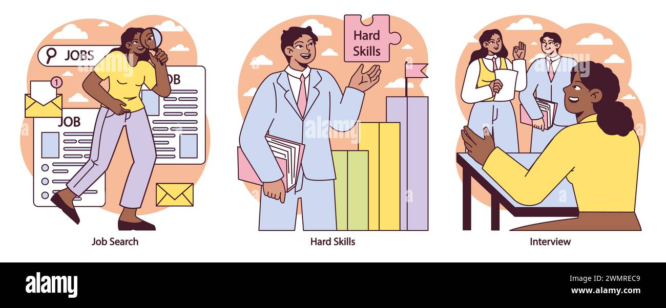 First Job journey set. Exploring job opportunities, mastering professional skills, and acing job 