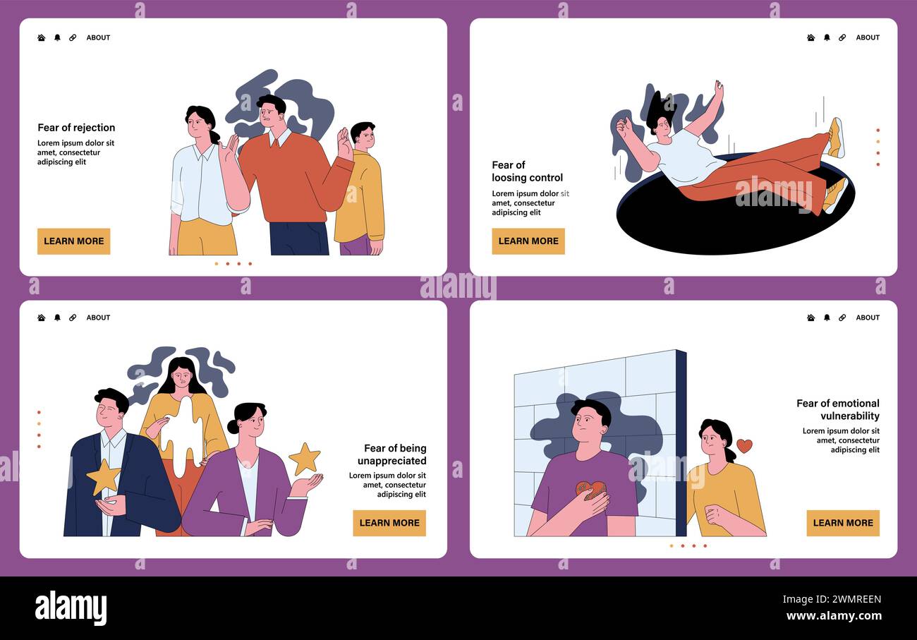 Human fears web or landing set. Scared characters confronting personal phobias. Frightened anxious person suffering from panic disorder. Psychological problem. Flat vector illustration Stock Vector