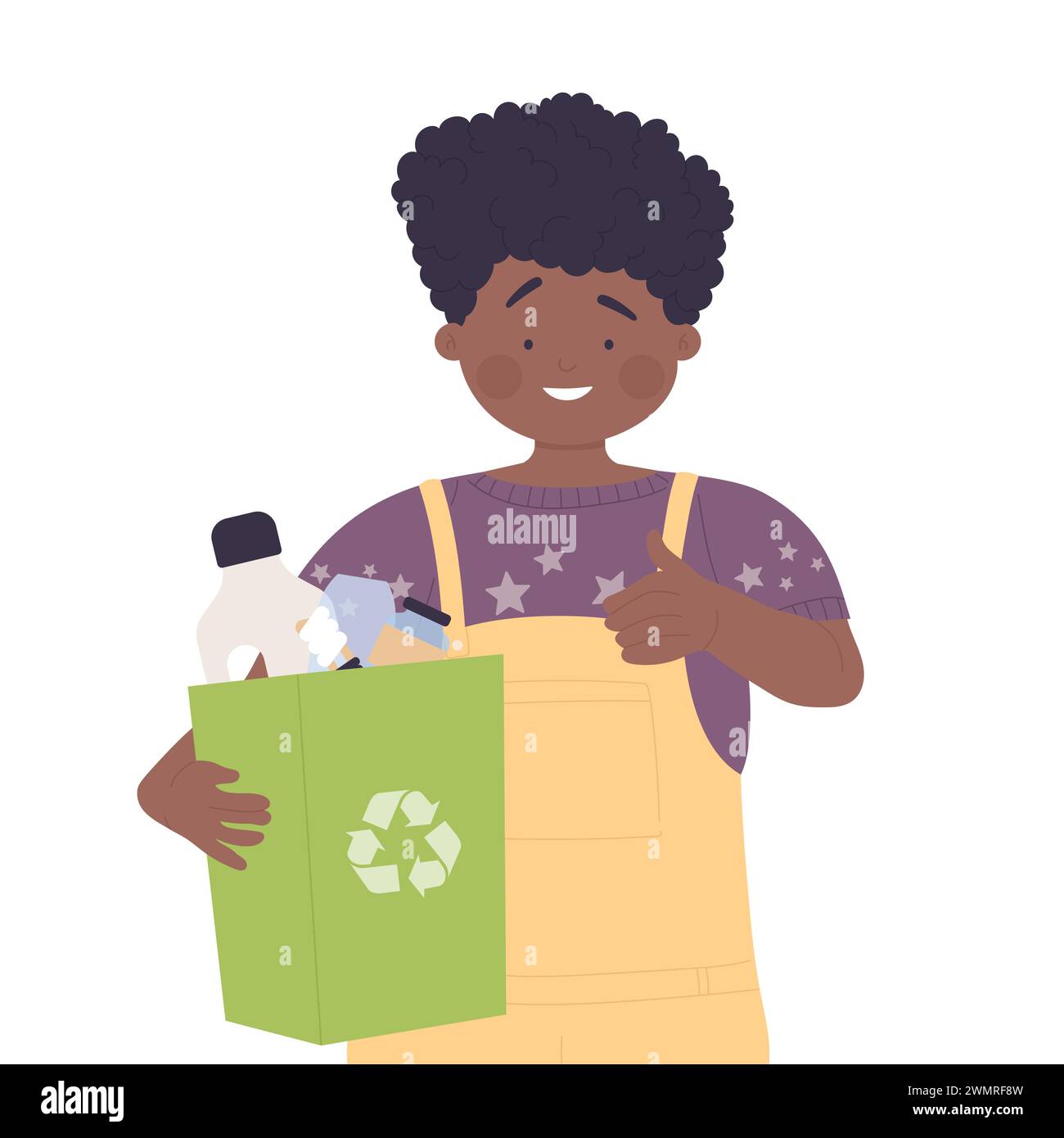 Little kid with recycling bag. Waste management, zero waste kids cartoon vector illustration Stock Vector