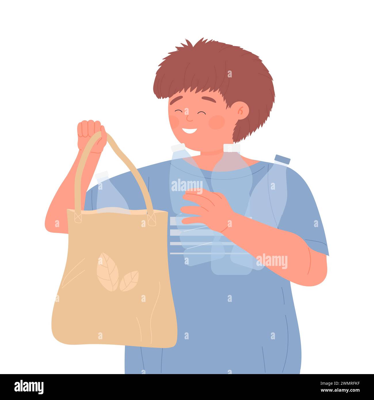 Little boy collecting plastic bottles. Zero waste kids, garbage management cartoon vector illustration Stock Vector