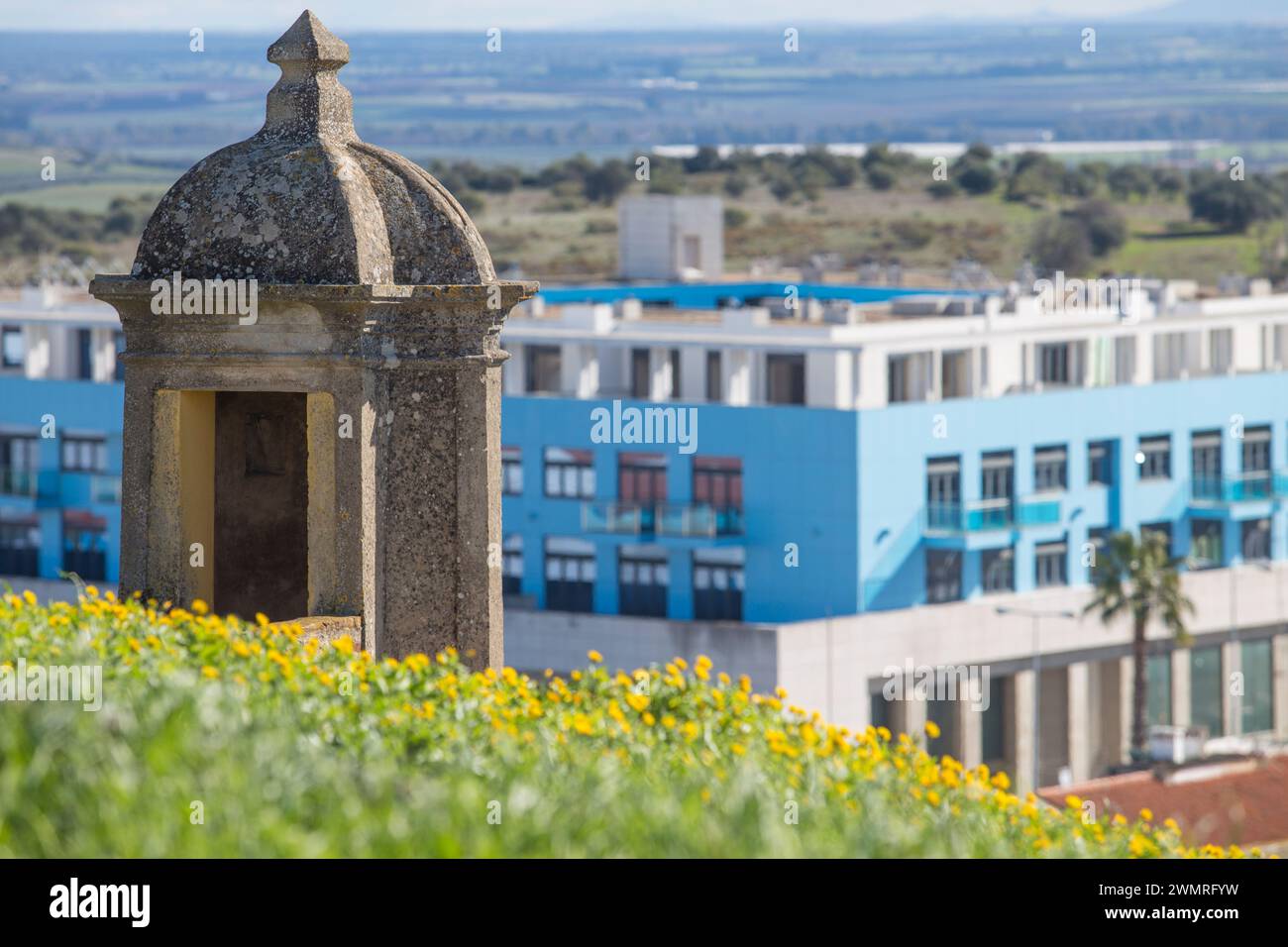 View of modern buildings from old town forts, Elvas. Portugal. Sentry vox detail Stock Photo