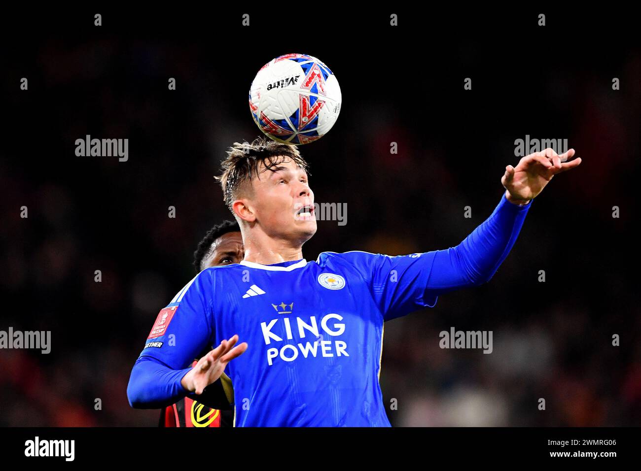 Bournemouth, UK. 27th Feb, 2024. Callum Doyle of Leicester City heads the ball during the AFC Bournemouth v Leicester City FC Emirates FA Cup 5th Round match at the Vitality Stadium, Bournemouth, England, United Kingdom on 27 February 2024 Credit: Every Second Media/Alamy Live News Credit: Every Second Media/Alamy Live News Stock Photo